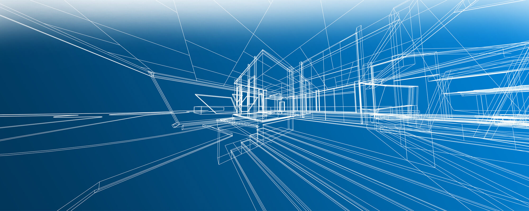Wireframe perspective drawing of a residential interior
